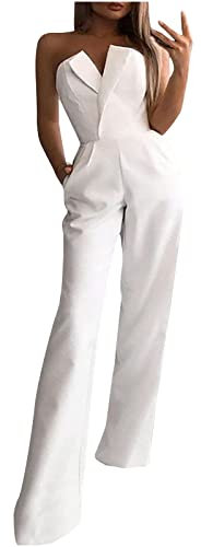 Kaistar Jumpsuit Elegante Donna - Tuta Lunga Monopezzi e Tutine Scollo a V/O - Salopette Maxi Taglie Forti - Bianco XXL