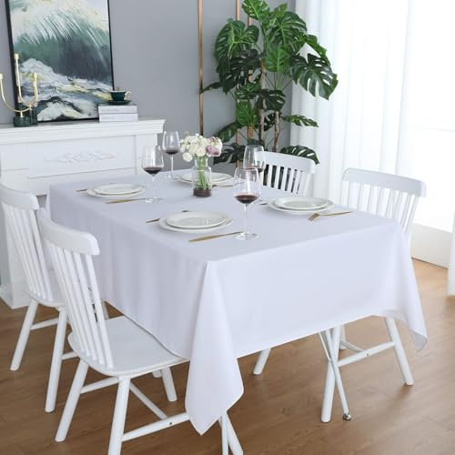 LivinEase Tischdecke 140 x 200 cm – Weiß Rechteckige Tischdecke aus Baumwollmischung 250 g/m² für 4- bis 6-Sitzer-Tisch – Elegante drapierte Tischdecke für den Weihnachtstisch