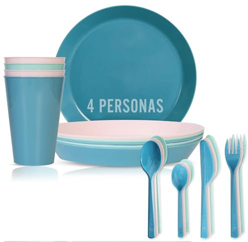 Mypicompany. Vajilla Camping 24 Piezas en Tonos Colores Pastel 4 Personas. 4 Platos Plastico Duro+ 4 Vasos Plastico Duro Reutilizables+ Cubiertos. Menaje Camping Apto para Microondas y Lavavajillas.