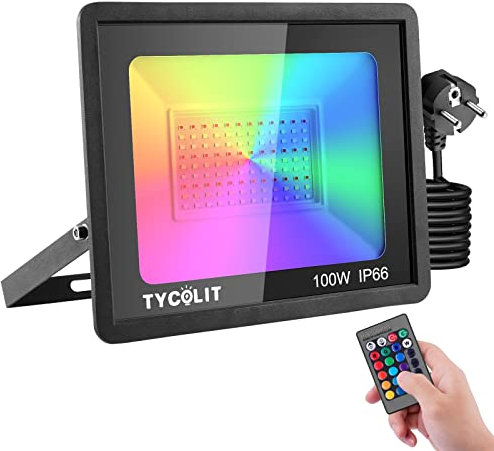 RGB LED Strahler mit Stecker 100W,LED Fluter mit Fernbedienung & Memory-Funktion,16 Farben 4 Modi Farbwechsel Flutlichtstrahler,IP66 Wasserdicht LED Außenstrahler für Garten Party Stimmungslichter