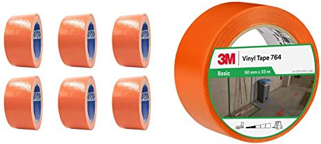 ACIT Ruban Toilé Américain, Orange, lot de 6 rouleaux, 50mm x 25m, idéal pour réparations et bricolage & 3M Ruban adhésif vinyle 764 usage général, orange, 50 mm x 33 m
