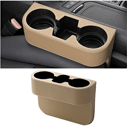 JNNJ PU-Leder Vordersitz-Lückenfüller mit Getränkehalter, Autositz Organizer, Universal Auto Getränkehalter, Multifunktionales Autozubehör, für Alle Fahrzeuge(Beige)