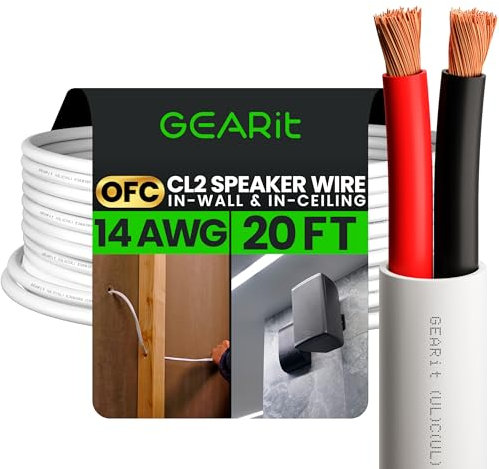 GearIT 14/2 Speaker Wire (20 Feet) 14AWG Gauge - Fire Safety in Wall Rated Audio Speaker Wire Cable / CL2 Rated / 2 Conductors - OFC Oxygen-Free Copper, White 20ft