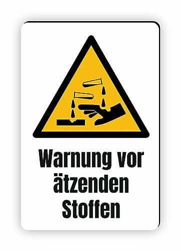 Warnzeichen (W023) Warnung vor ätzenden Stoffen - Eckiges Warnschild mit Text - Warnschild mit Text - nach DIN EN ISO 7010