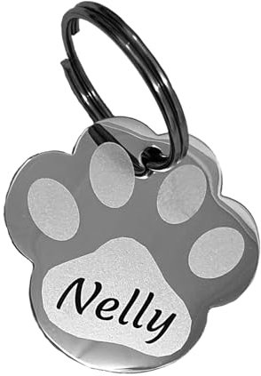 Hundemarke aus Edelstahl in Pfotenform mit Gravur Personalisiert - Tiermarke Hund, Katze, Welpen, 3 Größen, 6 Farben (M 31,5mm X 29mm, Silber)