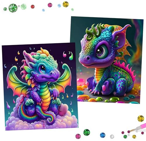 Diamond Painting Drachen 2 Pcs Diamond Painting Dragon Diamond Painting Erwachsene Diamond Painting Drache 5D Diamant Painting DIY Cartoon Diamant Painting Bilder für Erwachsene Kinder 25x35cm