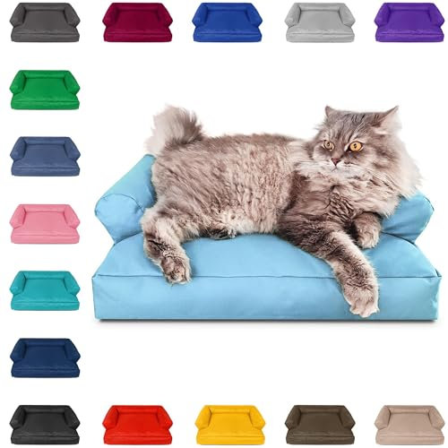 PATCH HOME Katzenbett – Oeko-TEX Zertifiziert – Katzenmöbel – mit recyceltem Styropor gefüllt – Katzensofa – Made in Germany – 50x40x15 cm – Hellblau