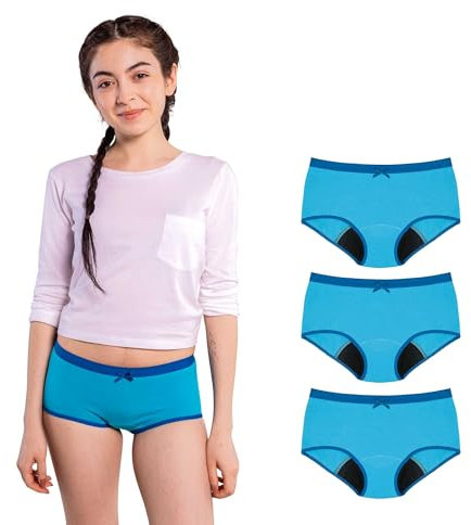 SELENACARE Teenager Periodenunterwäsche Hipster (3er Multipack) - Menstruationsunterwäsche für Teens, waschbar, 100% vegan, nachhaltig, 20ml Absorption, Mykonos-Blau, Größe 164