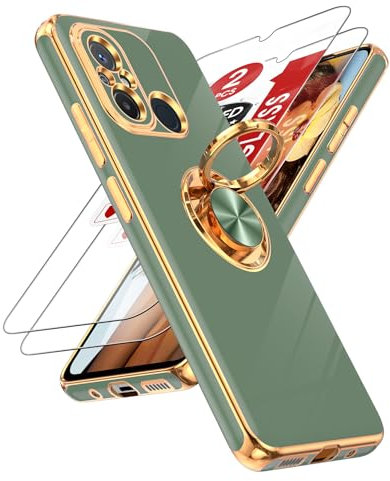 LeYi Handyhülle für Xiaomi Redmi 12 C/11A Ständer Hülle mit 2 Stück Schutzfolie, 360 Grad Drehhalter Metall Ring, Militär PC TPU Schutzhülle Outdoor Case Stoßfest Cover Grün