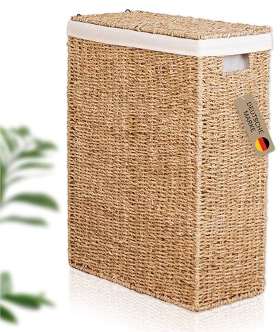 Lycce Wäschekorb schmal 50l | platzsparender Wäschekorb mit Deckel | geflochtener Wäschesammler aus Seegras mit Henkel | Nischenwäschekorb mit Wäschesack | Pfandflaschen Sammelbehälter | Gr. 2