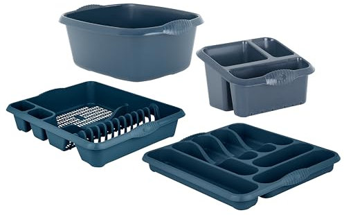 M1SS Navy Blue - 4 Piece Casa Plastic Kitchen Set (38cm Rectangular Bowl, Large Cutlery Tray, Large Dish Drainer & Sink Tidy) Perfect for Kitchen Organisation Home and Restaurants