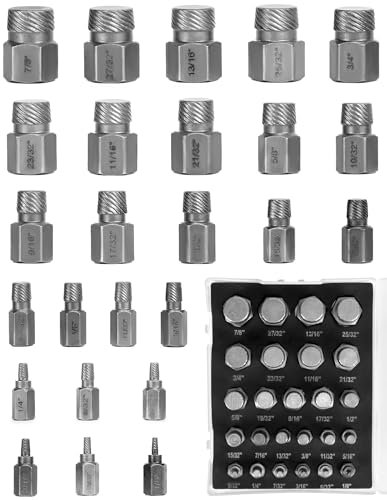 QWORK® Jeu d'extracteurs de vis professionnels 25 pièces, avec étui, jeu d'extracteurs à gauche, extracteur de vis à tête hexagonale, pour vis et boulons cassés