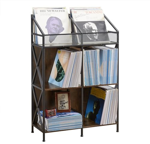 EYOCAL 6 Grids Vinyl Record Storage Holder Rack， Wooden Record Display Table for Magazines Files Albums Books for Living Room Bedroom Patent Pending
