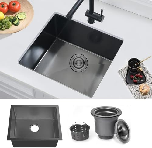 Bokaiya Fregadero de cocina negro 50 x 45 cm, de acero inoxidable, 1 lavabo empotrado, negro, rectangular, de acero inoxidable, para empotrar en acero inoxidable, fregadero de cocina individual