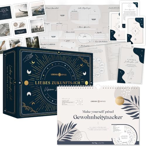 Lebenskompass Habit Tracker + Vision Board Set - 12 Monate Gewohnheitstracker - visualisiere das Leben Deiner Träume mit dem Visionboard Liebes Zukunfts-Ich - Geschenke für Frauen & Männer, FreundIn
