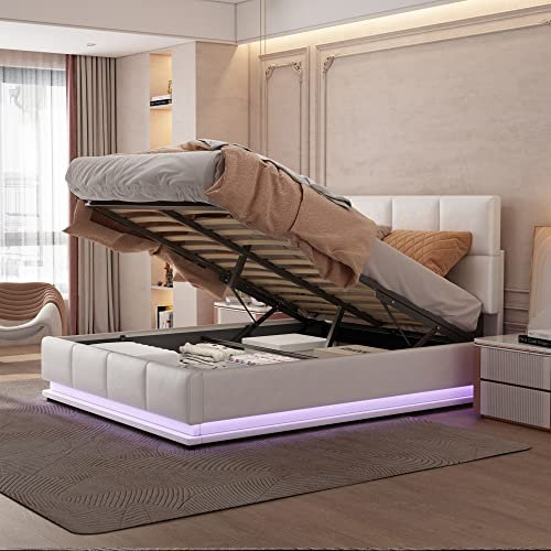 FEZTOY Polsterbett 140x200 cm mit LED Hydraulisch Bettstauraum,Bettgestell mit Bettkasten & Lattenrost Bezug aus Kunstleder Doppelbett Erwachsenen Jugendbett ohne Matratze (Weiß-140x200)