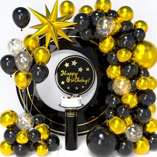DUGEHO Set 90 Pezzi Ghirlanda di Palloncini Arco Nero Oro, in Metallo e Lattice per Compleanno, Matrimonio, Anniversario, Baby Shower