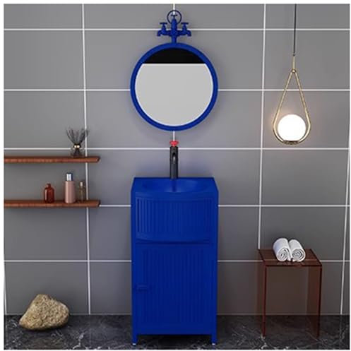ZTGL Moderne Salle de Bain Simple Meuble sous Lavabo, sur Pied Style Industriel en Fer Forgé Meuble Vasque Salle de Bain Meubles de Rangement avec Robinet et Drain,Bleu,with Mirror