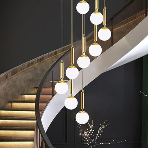 PTLYE 6 Boules de Verre Lustre d'escalier Longue Suspension bâtiment Duplex Grand Lustre Salon Villa Lampe d'escalier Minimaliste Moderne Creuse 30X200 cm, 9 têtes