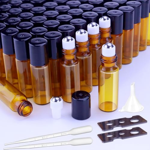 Matifaner Lot de 60 flacons à bille en verre ambré de 5 ml pour huiles essentielles, parfum avec bille roulante en acier inoxydable, bouchons noirs, mini fioles d'échantillons cosmétiques (rouleau de