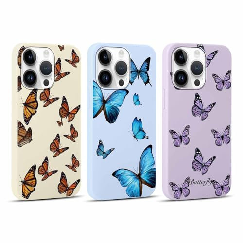 RUMDEY 3 Pack Aesthetic Butterfly Girls Woman Phone Case for Apple iPhone 14 Pro 6.1 inches, Matte Soft Slim Shockproof TPU Bumper Cover for iPhone 14 Pro with Design, Blue&Purple&Beige