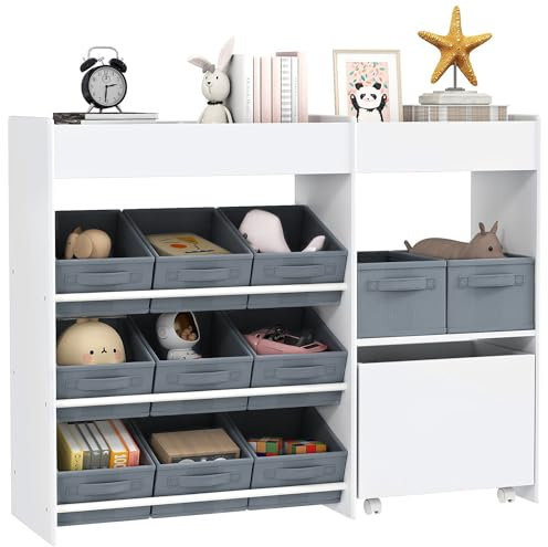 AIYAPLAY Kinderregal Spielzeugregal mit 11 Stoffboxen, oberen Fächern, 3 Stickern, Kinder Bücherregal mit Schränkfach für Kinderzimmer, Kindergarten, 105 x 30 x 80 cm, Weiß