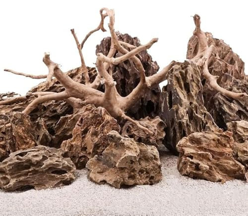 AquaOne Aquarium Steine Drachensteine Set mit Wurzel I Natursteine Dragon 5kg Mix und Mookienwurzel M I Aquascaping Gestein I Felsen Dekoration I Pagode Rückwand