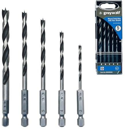 Greywolf Wood Drill Bit Set, 1/4 Hex Shank Woodworking Twist Drill Bit, with Centering Tip, Brad Point Drill Bit Set (3/4/5/6/8mm) for Woodworking, DIY, Hobbyists and Carpenters, 5 pcs