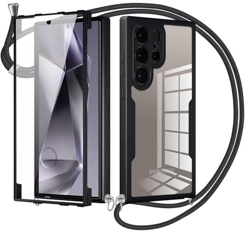 Woijrly Collier Coque pour Samsung Galaxy S24 Ultra avec Protecteur D'écran Intégrée,360 Degrés Transparent Réglable Étui Cordon Housse Antichoc Anti-Rayures Tactile Deux Couches Protection Etui-Noir