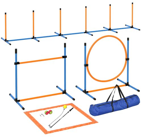 PawHut Agility Set Hunde 7-teilig Agility-Ausrüstung für Hundetraining | Steckhürdenset mit Slalomstangen, Sprunghoop, 2 Bälle, Höhenverstellbar Hürden, Koordinationstraining für Spiele Training
