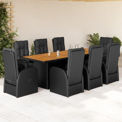 IKAYAA Gartenmöbel Set mit Holz Tisch und 8 Verstellbare Hochlehner Stühlen, Rattan Essgruppe für 8 Personen, Gartenmöbel Essgruppe, Garten Sitzgruppe inkl. Sitzkissen Schwarz Type-5
