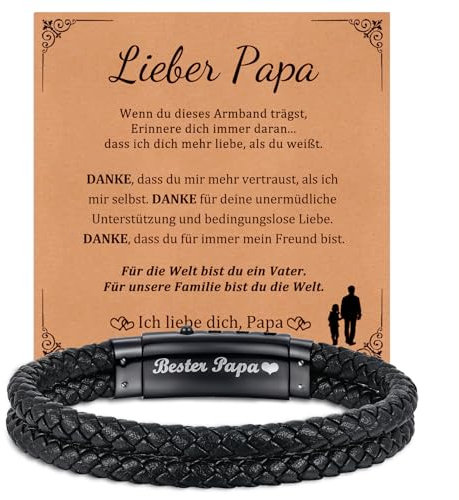 Vatertagsgeschenk für Papa Geschenk Vater - Geschenke für Papa, Premium Leder Armband Herren Armband mit Gravur “Bester Papa”, Edelstahl Verstellbare Verschluss Schwarz, Geschenke für Vater