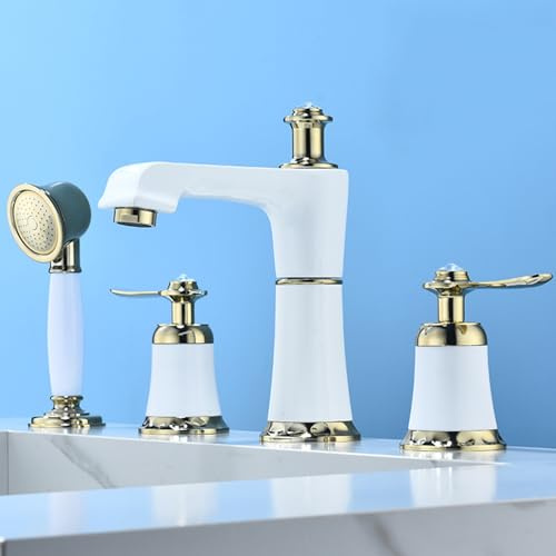 BiaoTeng Robinet Baignoire 4 Trous Chaud et Froid Laiton Robinet Mitigeur et Douche de Salle de Bain Baignoire Blanc