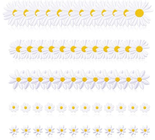 60 PCS Daisy Flower Iron on Patches for Clothing, 5 Sizes Applique Sew on Patches Floral Embroidery Patch Daisy Flowers Patch for Clothes Bags Shoes Jackets Jeans