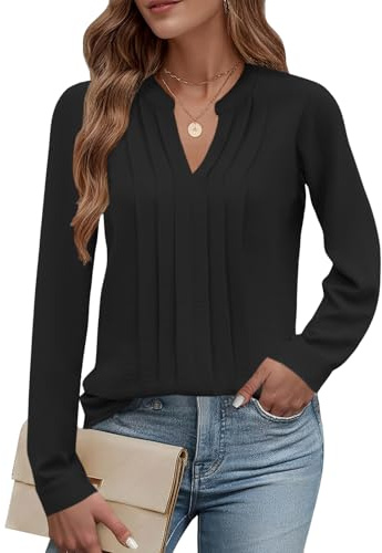 Cuptacc Women Blouses Long Sleeve V Neck Tops Elegant Business Outfits | Fall,Spring,Elegant,Dressy,Casual,Fashion,Business,Work,Outfit,Pleated,Chiffon,Going Out,Loose,Chic,Basic
