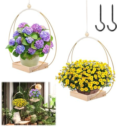 Tefola Maceta colgante colgante con base de madera, 2 unidades