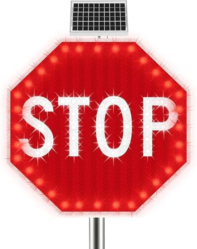 XINRISHENG Solar Powered LED Stop Sign, Aluminum Road Signs Traffic LED Blinking Street Warning Signs, Waterproof, Heavy Duty