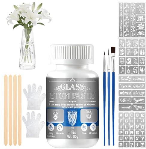 Glasätzcreme, Ätzcreme, Glasätzpaste, mit 4 Glasätzschablonen, wiederverwendbar, schafft schöne Designs auf Glasoberflächen, geeignet für Fenster, Tassen und mehr