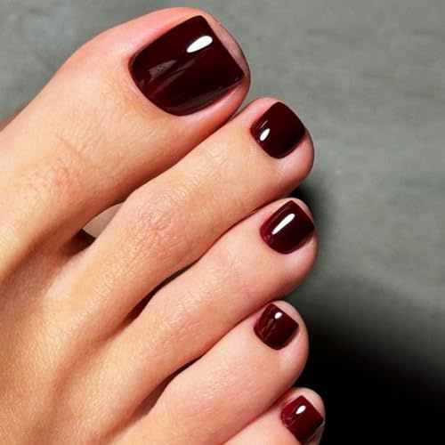 False Toenails - 24PCS Short Square Press on Toe Nails - Burgundy Red Stick on Toenails - Solid Color Fake Toe Nails with Glue - 12 Sizes Natural Glossy Toe Nails False for Women Daily Decorations