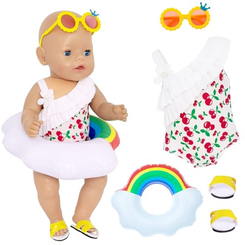 Schwimm-Set Kompatibel mit 35-45cm New Born Baby Schwimmpuppe, 4 Stück Cherries Baby Badeanzug mit Schwimmring Sonnenbrille und Clogs, Sommer Puppenkleidung Zubehör für 14-18 Zoll Puppen