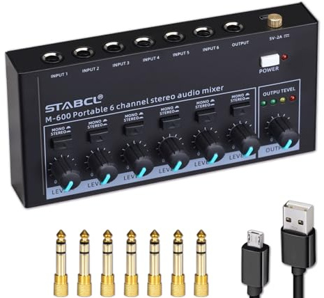 Mini 6-Channel Audio Mixer with 7 pcs 6.35mm to 3.5mm Adapter Jack, Stereo Line Mixer for Sub-Mixing, Multi-Input (Mic/Guitar/Keyboard/Bass), with 5V DC UK Power Adapter