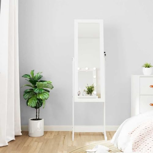 RMIHSJG Armoire à bijoux sur pied avec miroir et éclairage LED blanc - Organisateur avec tiroirs, crochets et étagères pour bijoux et parfums