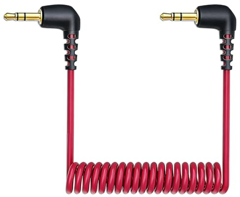 AmiCera SC2 3.5mm TRS Patch Cable, 1/8 Male to Male Coiled Right Angle Microphone Audio Cable Connect Camera/Recorder with Microphone Compatible with Rode Microphone Wireless Pro DJI Mic 2 (Red)