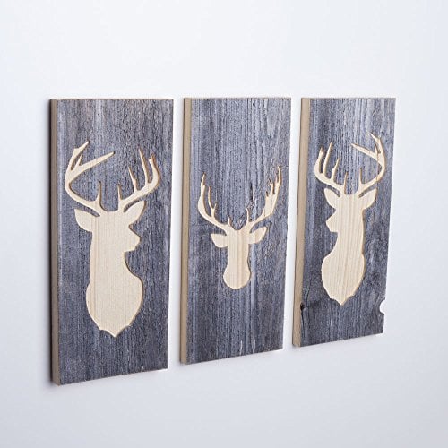 WOODS Set di 3 quadri da parete con motivo cervo, decorazione da parete in legno fatto a mano in Baviera I moderno look vintage per soggiorno e camera da letto I 35 x 15 x 2 cm