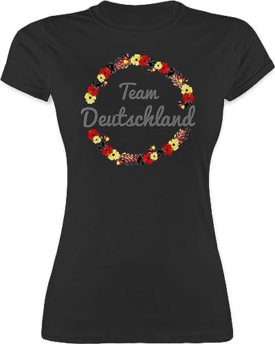 Shirt Damen - Fußball EM WM - Team Deutschland Blumenkranz - XL - Schwarz - Deutschland-Fanartikel t-Shirt fußballtrikot Europameisterschaft Blumen Funshirts für Frauen deutschlandtrikot