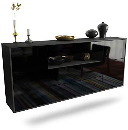 Dekati Sideboard Elizabeth hängend (180x77x35cm) Korpus anthrazit matt - Front Hochglanz Schwarz - Push to Open - Leichtlaufschienen