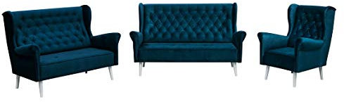 MOEBLO Ohrensofa 3 Sitzer 2 Sitzer und Sessel Sofa Couch Garnitur Stoff Samt (Velour) Glamour Wohnlandschaft Chesterfield - Velo (Dunkelblau)