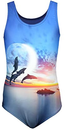 Aquarti Badeanzug Mädchen – Sportlicher Mädchen Badeanzug mit Ringerrücken Print, Farbe: Delfine Mond Orange/Dunkelblau, Größe: 158