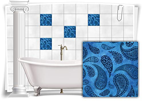 Medianlux Fliesen-Aufkleber Fliesen-Bilder Paisley Barock Nostalgie Retro Floral Blau Bad WC Deko Folie Badezimmer Dekoration, 8 Stück, 15x15cm m22-blau-115198