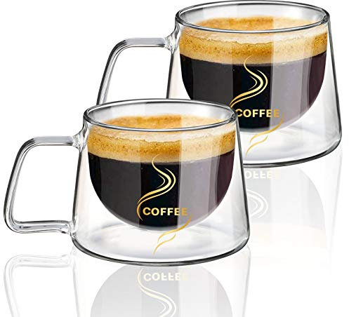 KAMEUN Doppelglas Kaffeegläser Kaffeetasse 200ml 2er Set, Latte Macchiato Gläser Doppelwandige aus Borosilikatglas mit Henkel für Thermogläser, Cappuccino Gläser, Espressotassen Glas